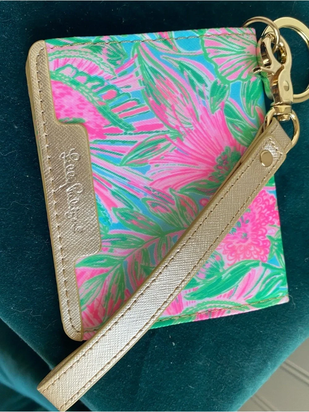 Lilly Pulitzer Pink & Green Floral Card Holder with Gold Strap
